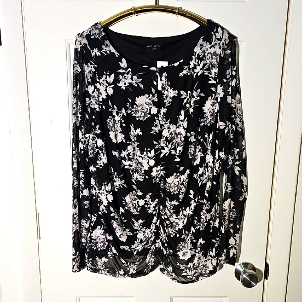 LANE BRYANT Floral Black/White Women's‎ Top. sheer Long Sleeves. Rouching. 22/24